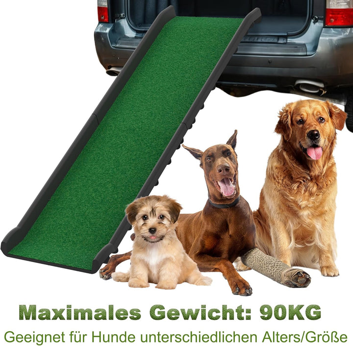 Hunderampe klappbar mit Kunstrasen, Hundeautorampe rutschfeste Einstiegshilfe bis 90 kg, Hundetreppe