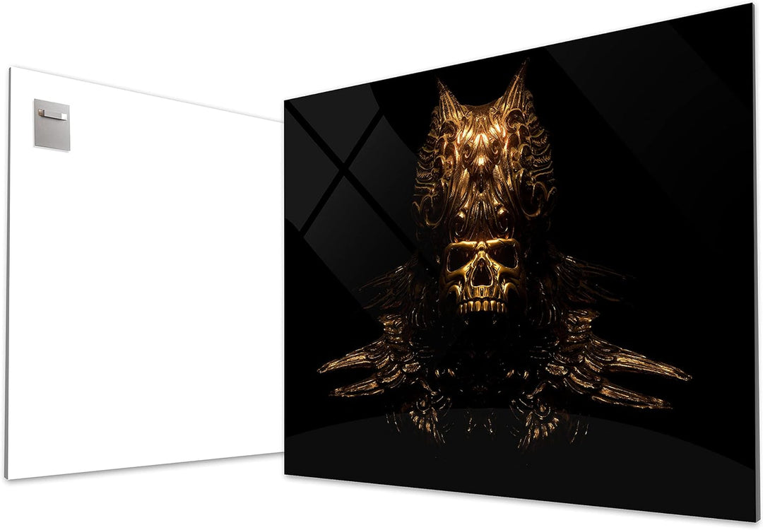 wandmotiv24 Totenkopf Wandbild aus Acrylglas, Grösse 100x75cm, Querformat, goldene Totenmaske, Schäd
