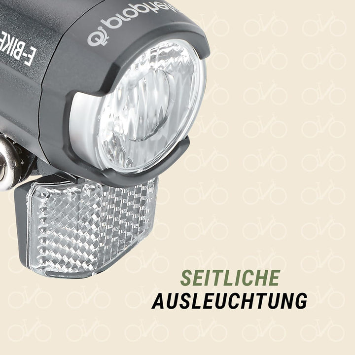 Prophete Fahrrad LED-Scheinwerfer – 50 Lux, für E-Bikes (6-48V), mit beleuchtetem Logo, seitlicher S