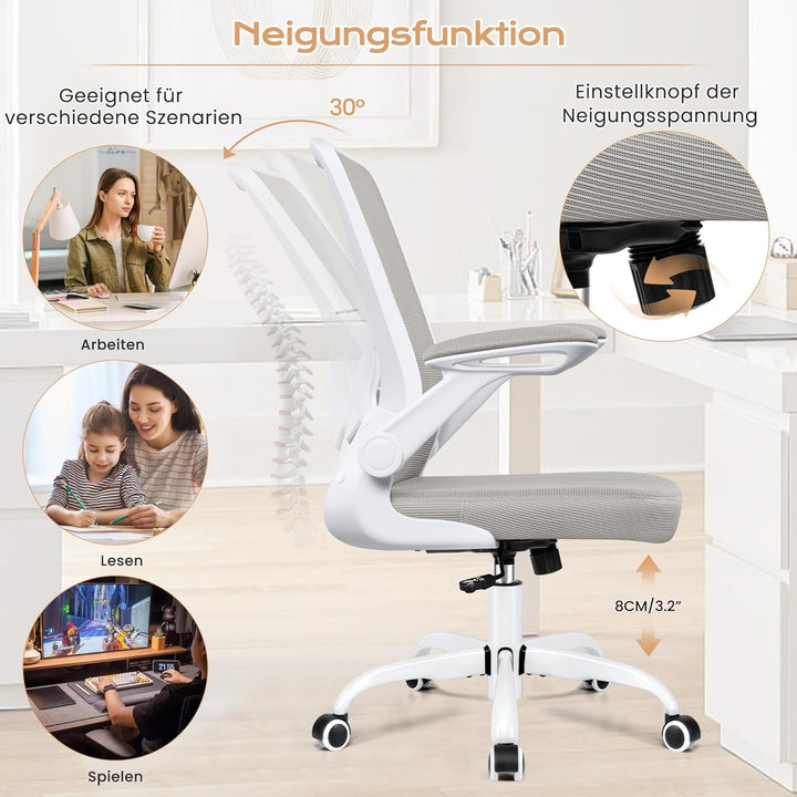 KERDOM Bürostuhl, Ergonomischer Schreibtischstuhl mit Klappbaren Armlehnen, 360° Drehstuhl Mesh Comp