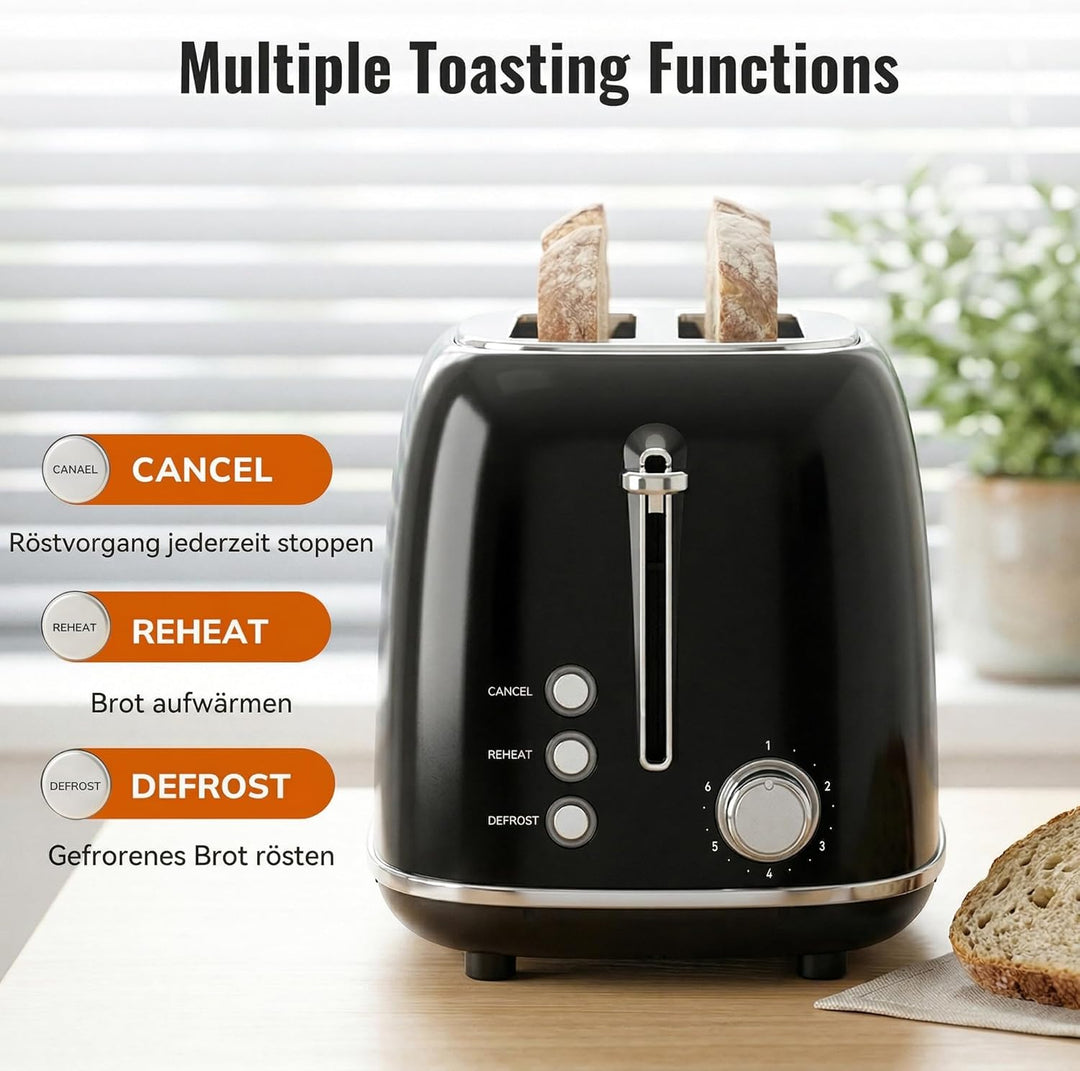 Keenstone Toaster 2 Scheiben, Retro Edelstahl Toaster mit breitem Schlitz, 6 Bräunungsstufen, mit Wa