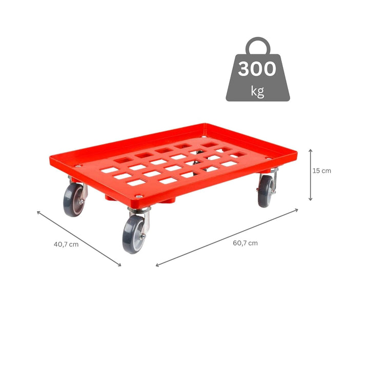 Transportroller für Euroboxen 60x40cm mit Gummiräder rot | Gitter/Rasterdeck | 2 Lenkrollen & 2 Brem