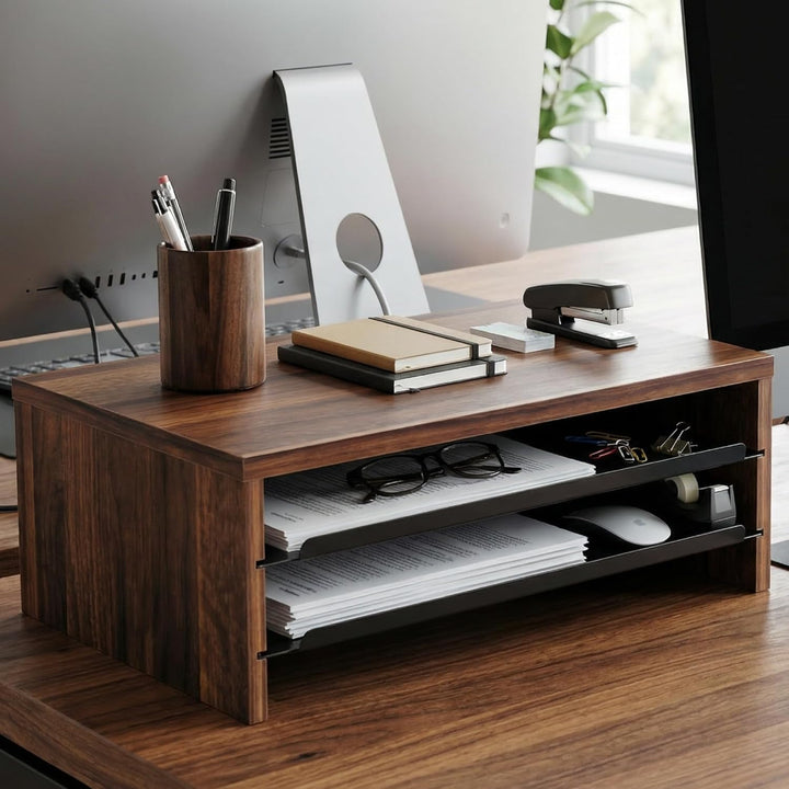 Fenge Monitorständer, Monitorerhöhung mit Ablage, Holz und Metall, Schreibtisch-Organizer für Zuhaus