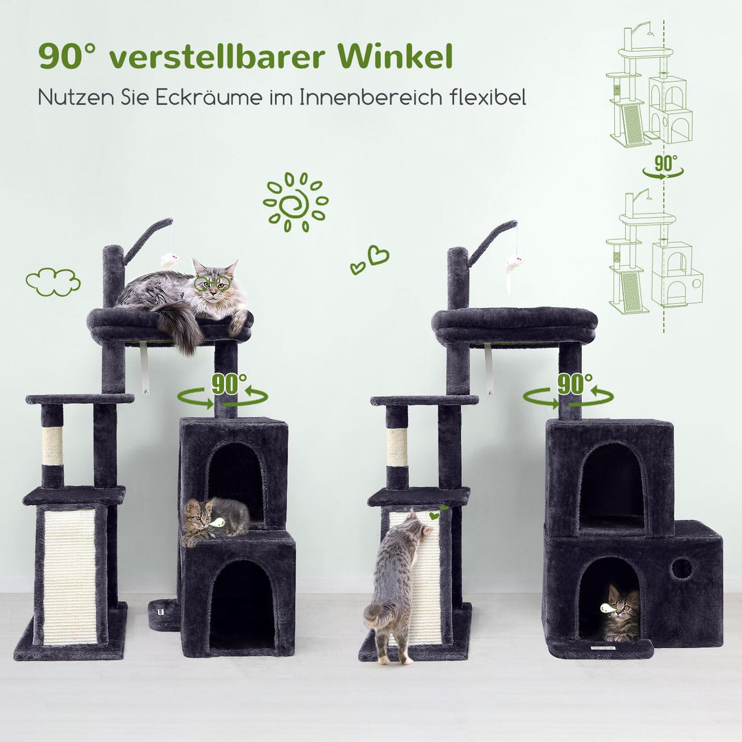 Globlazer Kratzbaum Stabil mit 2 Gross Basis, 2 Katzenhaus 90° Drehbares, Gepolsterte Plattform, Sis