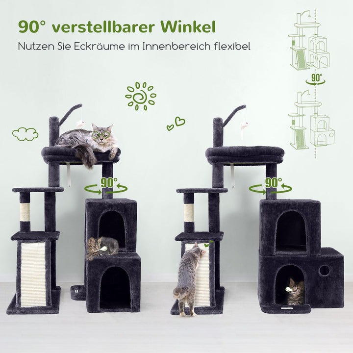 Globlazer Kratzbaum Stabil mit 2 Gross Basis, 2 Katzenhaus 90° Drehbares, Gepolsterte Plattform, Sis