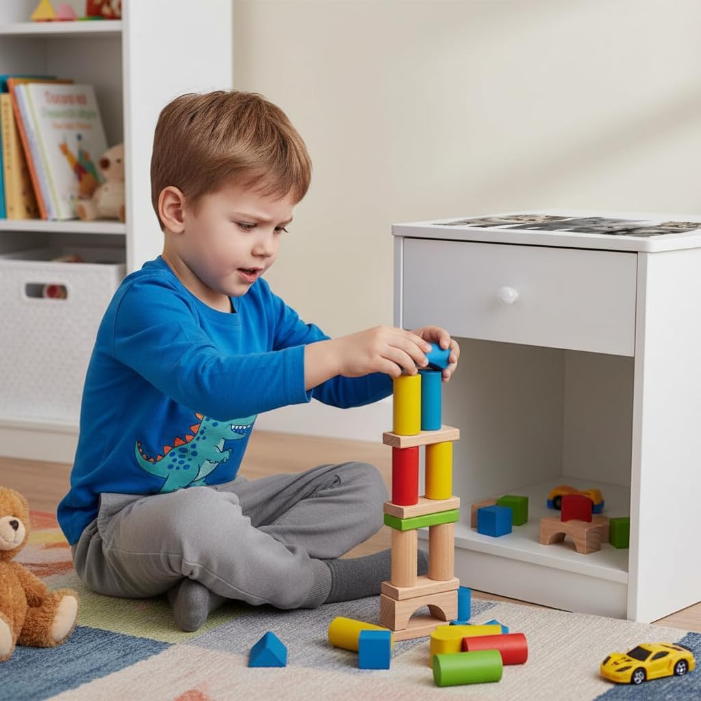 Leomark Nachttisch aus Holz - Katzen - Nachtschränkchen mit Schublade, Nachtschrank für Kinder, Weis