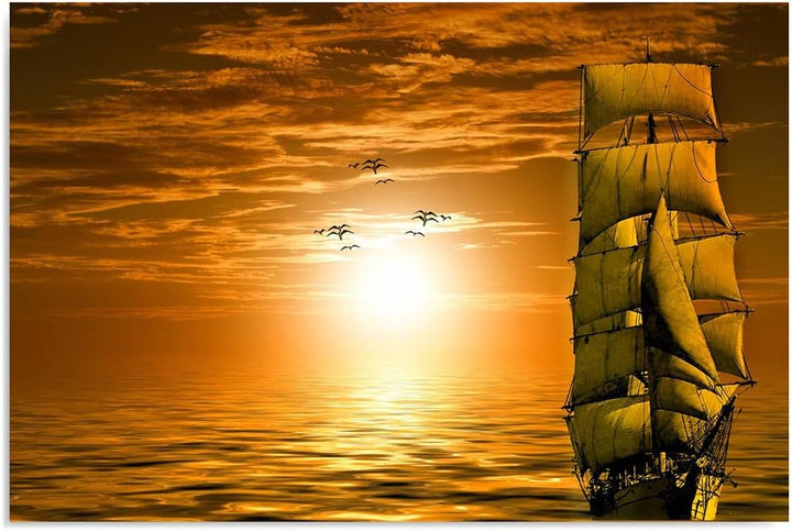 Feeby Bilder Sonnenuntergang Schiff Ozean 80x60 cm 1 Teilig Wohnzimmer Schlafzimmer Büro Flur Küche