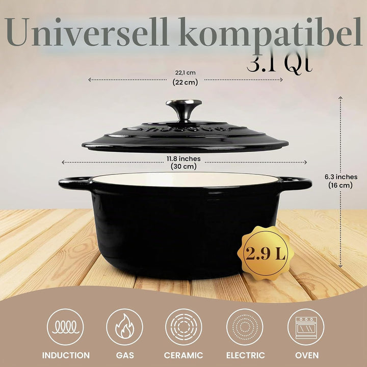 Gusseisen-Topf mit Deckel – Emaille-Schmortopf mit Antihaft, Ofenfest – Schwarz, 4.7 Liter, 24 cm –