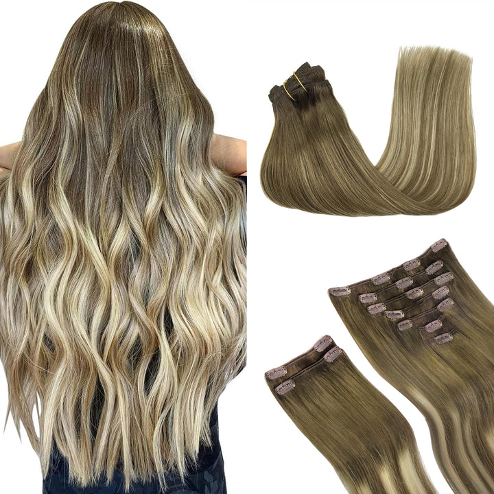GOO GOO Clip in Extensions Echthaar, Echthaar Extensions Clip, 40cm 150g 9pcs, Extensions Echthaar,