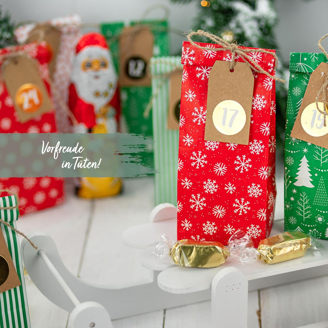 Papierdrachen Adventskalender zum Befüllen - 24 Bedruckte Geschenktüten und 24 Zahlenaufkleber und K