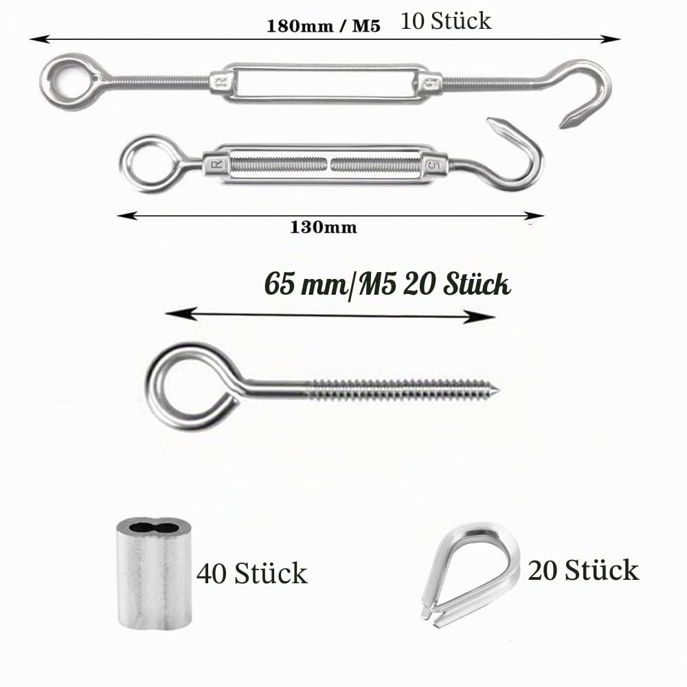 TooTaci Drahtseil 2mm Seilspanner Kit,M5 Seilspanner Edelstahl Set,10 Stück Spannschloss M5,20 Stück