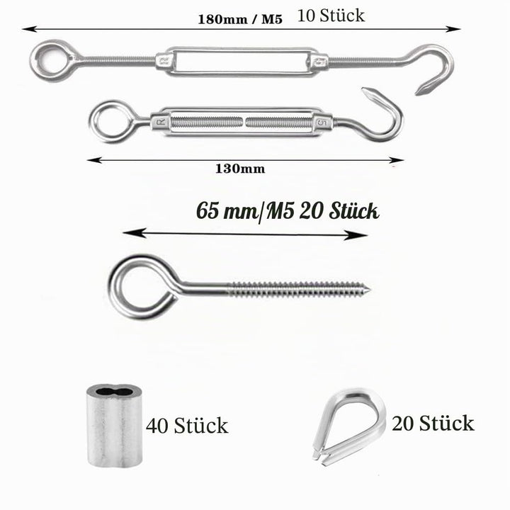 TooTaci Drahtseil 2mm Seilspanner Kit,M5 Seilspanner Edelstahl Set,10 Stück Spannschloss M5,20 Stück