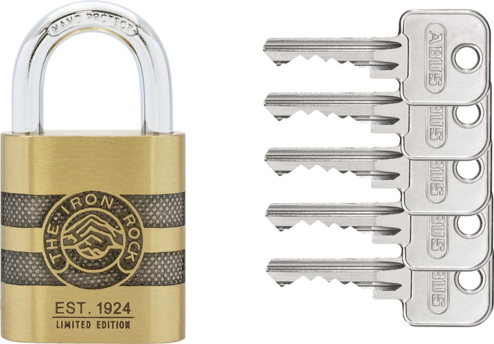 ABUS Vorhängeschloss Messing 83/45 IRON ROCK Jubiläumsschloss mit 5 Schlüssel vs. - gehärteter Stahl