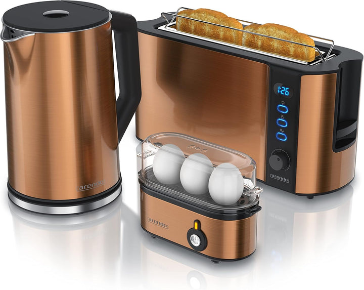 Arendo - Wasserkocher mit Toaster SET und Eierkocher Edelstahl Kupfer Wasserkocher 1,5L 40° - 100°C