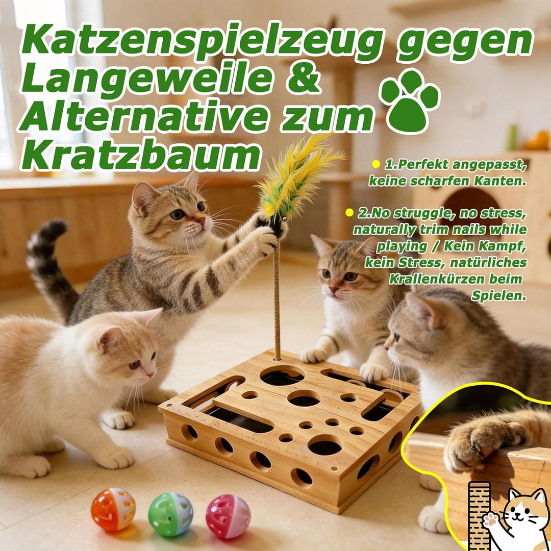 Holz Katzenspielzeug mit Federstab & Glockenbällen, 30 * 25CM Interaktives Kratzpuzzle Spielbox, Kat