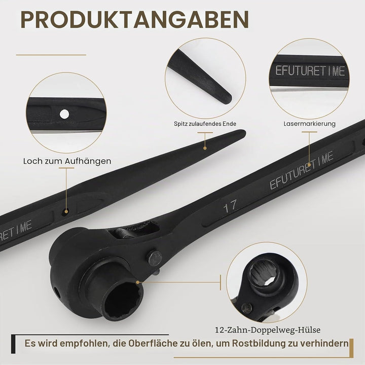 efuturetime 2x Gerüstschlüssel, Gerüstbauratsche Umschaltbar Set, 17/19mm Ratsche Gerader Griff +19/