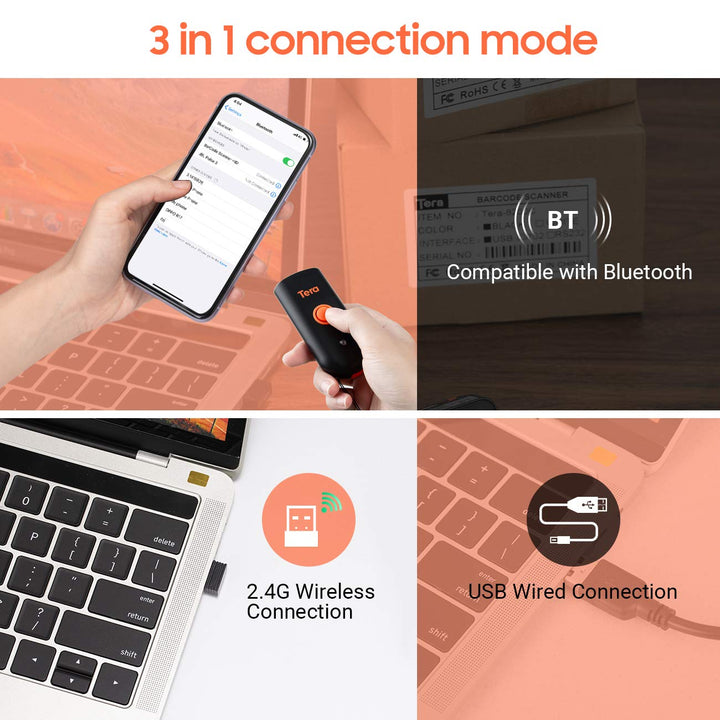 Tera Mini Tragbarer Barcode-Scanner CCD Barcodescanner 3in1 Bluetooth &amp; USB-Kabel &amp; 2,4G Wireless fü
