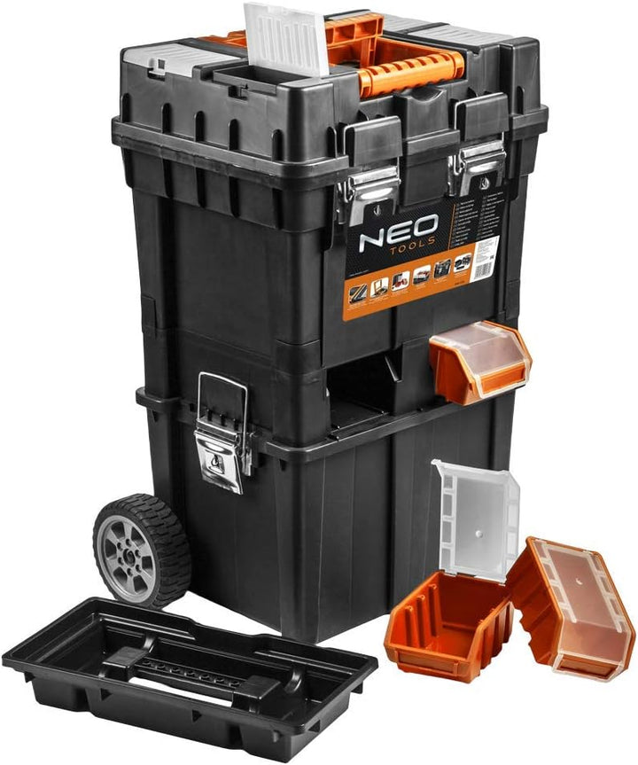 NEO TOOLS Werkzeugkoffer auf Rädern, mobile Werkstatt 40x40x70,5 cm, vier Organizer, vier Ergoboxen