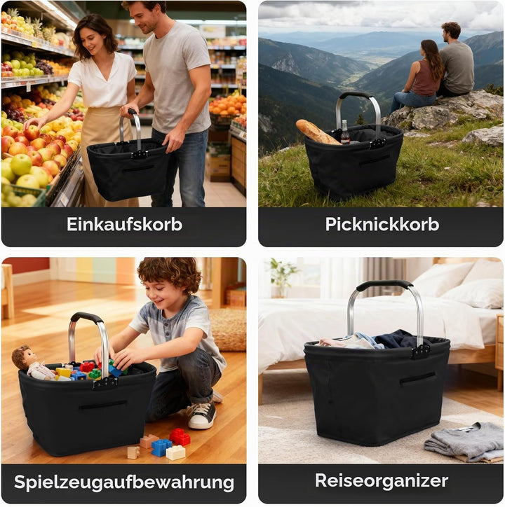 35L Faltbar Einkaufskorb, Tragekorb Picknickkorb mit Reissverschluss am Deckel, Praktischer Klappkor