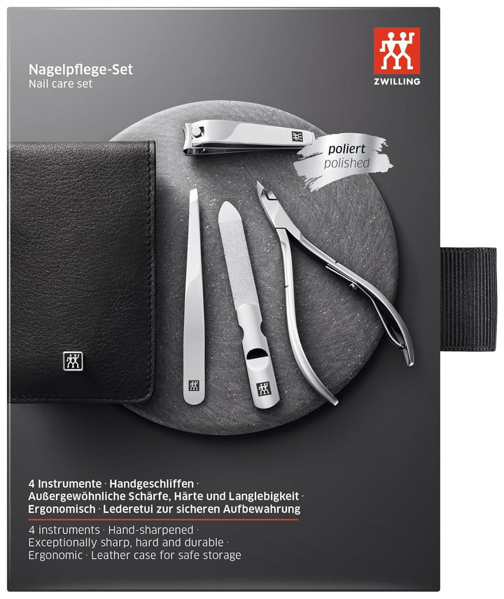 ZWILLING Maniküreset und Pediküreset Nagelpflege aus Echtleder mit Druckknopf, 4-teilig, schwarz 4-T