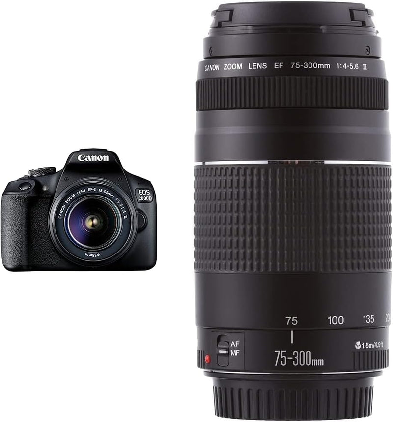 Canon EOS 2000D Spiegelreflexkamera - mit Objektiv EF-S 18-55 F3.5-5.6 III, schwarz & EF 75-300mm F4