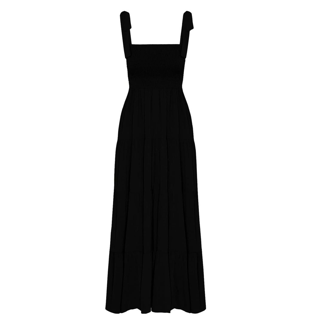Kinstel Damen Sommer Boho Spaghetti Strap Square Neck Rüschen Casual Flowy Langes Kleid Strand Swing