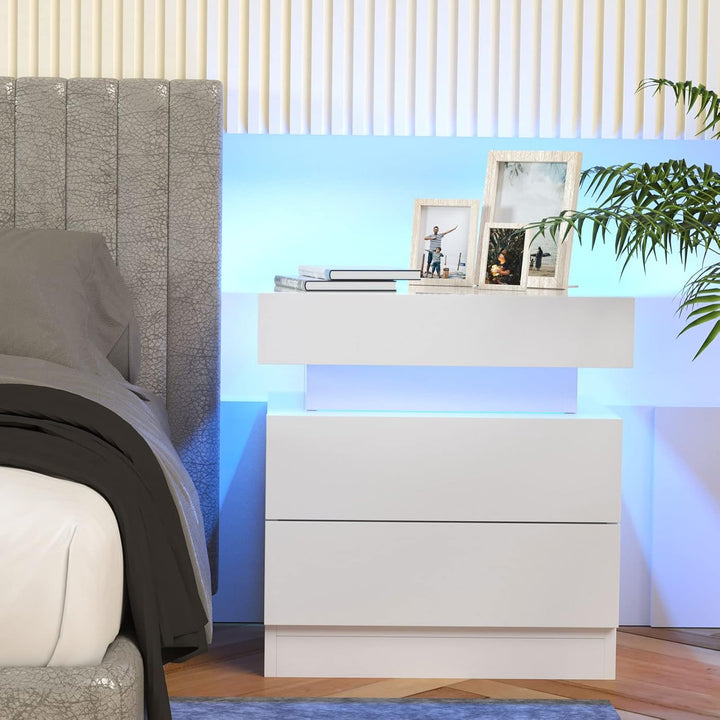 PIPIPOXER Nachttisch mit LED Beleuchtung, Nachttisch Weiss Hochglanz mit 2 Schubladen, Nachtschrank