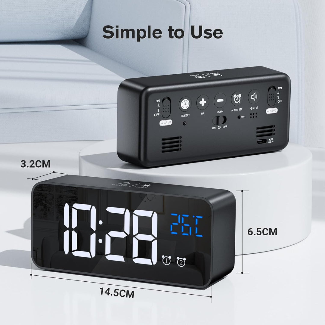 Wecker Digital, LED Digitaluhr mit Temperaturanzeige Tragbarer Spiegelalarm Tischuhr mit 2 Alarmen 1