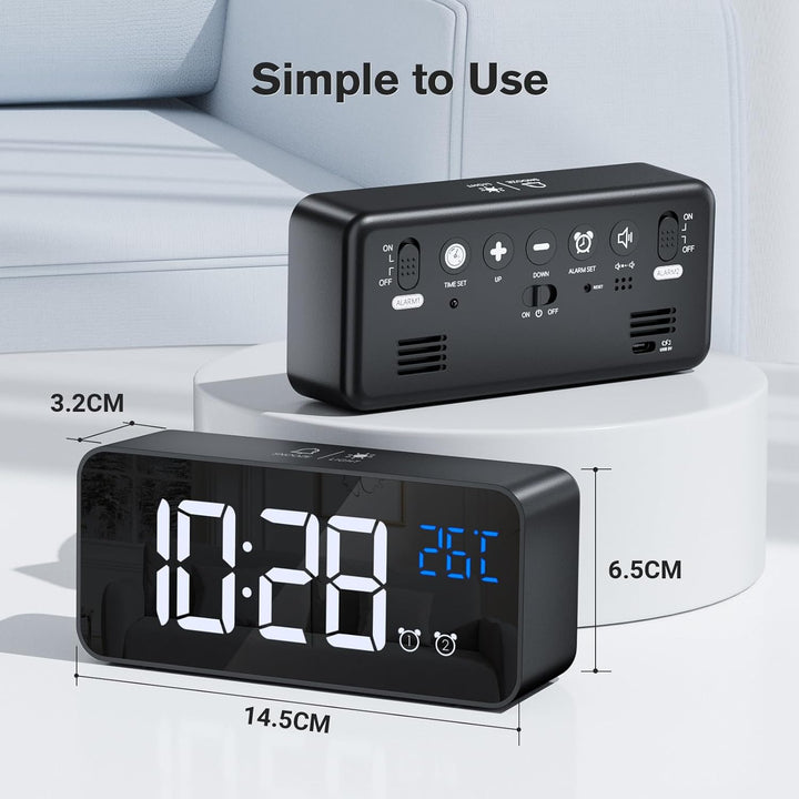 Wecker Digital, LED Digitaluhr mit Temperaturanzeige Tragbarer Spiegelalarm Tischuhr mit 2 Alarmen 1