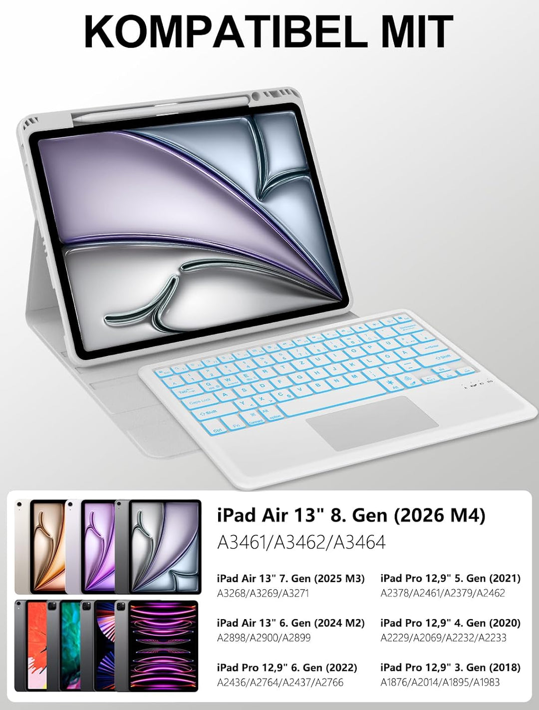 JADEMALL Für iPad Air 13 (M4/M3/M2) Hülle mit Touchpad &amp; Beleuchtung QWERTZ | Farbabstimmung, Mit 7-