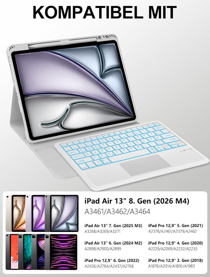 JADEMALL Für iPad Air 13 (M4/M3/M2) Hülle mit Touchpad &amp; Beleuchtung QWERTZ | Farbabstimmung, Mit 7-