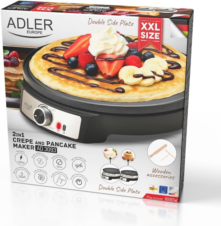 Adler Crêpe Maker [Ø 30cm] elektrisch mit Teigverteiler & Wender | Pfannkuchen Maker Platte mit Anti