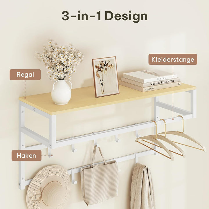 eSituro Wandgarderobe mit Ablage, Kleiderständer Wand mit Kleiderstange 10 Haken, Garderobe Wandmont