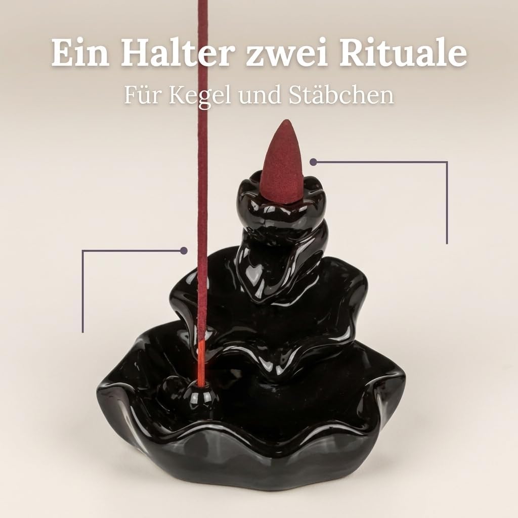 MIJOMA Rückfluss Räucherkegelhalter aus Schwarzer Keramik, Wasserfall-Räucherkegelhalter, Weihrauchb