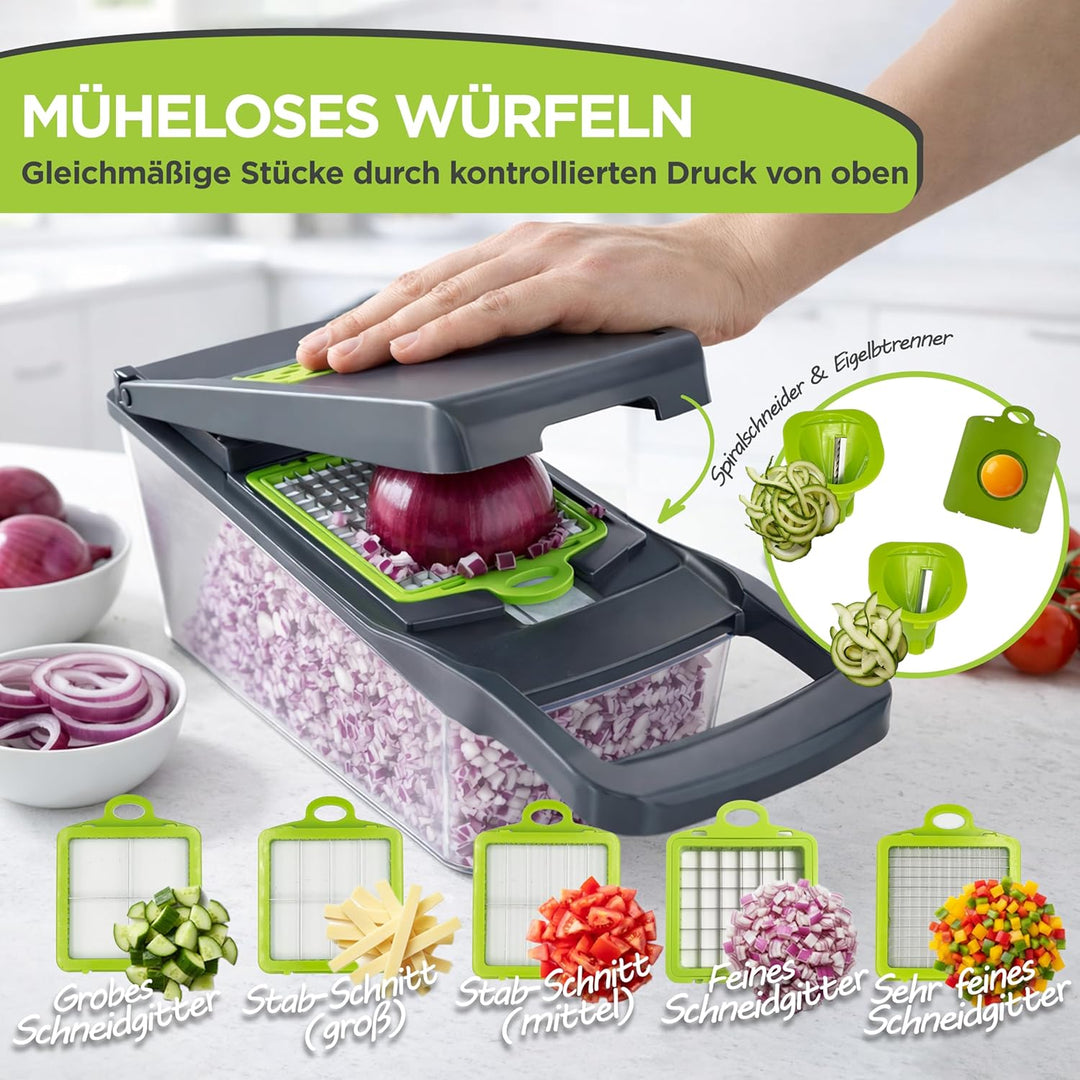 Gemüseschneider Multifunktion 13-in-1 mit Auffangbehälter, Mandoline Hobel, Zwiebelschneider, Würfel