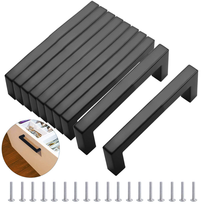 10 Stück Möbelgriffe Schwarz 96MM, Modisch Edelstahl Quadrat Griffe, Schrankgriffe, mit 40 Schrauben