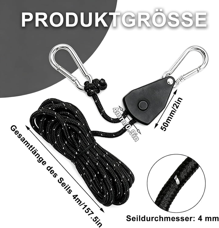 6 Stück 4m Seilratsche mit Haken and Schraubheringe Schwarz, Schwarz