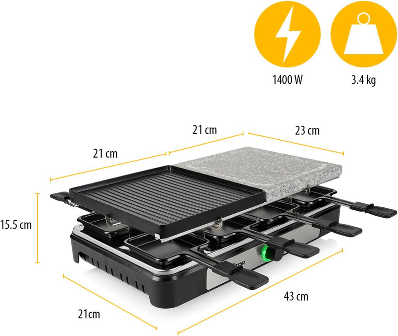 Tristar Raclette RA-2747 – 4-in-1 – Raclette/Kochstein/Grill/Teppanyaki – 8 Personen – 1400 W