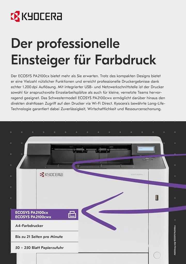 Kyocera Klimaschutz-System Ecosys PA2100cx Laserdrucker. Farblaserdrucker für 21 Seiten pro Minute.