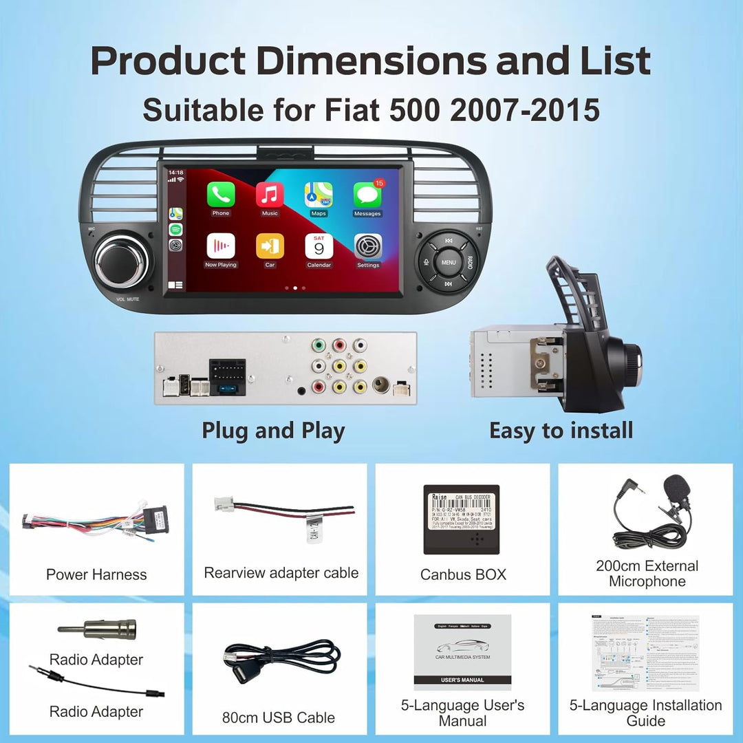 CarPlay Autoradio 7 Zoll Wince Radio Für FIAT 500, 2 Din Dab Auto Radio Touch Display Bluetooth FM R