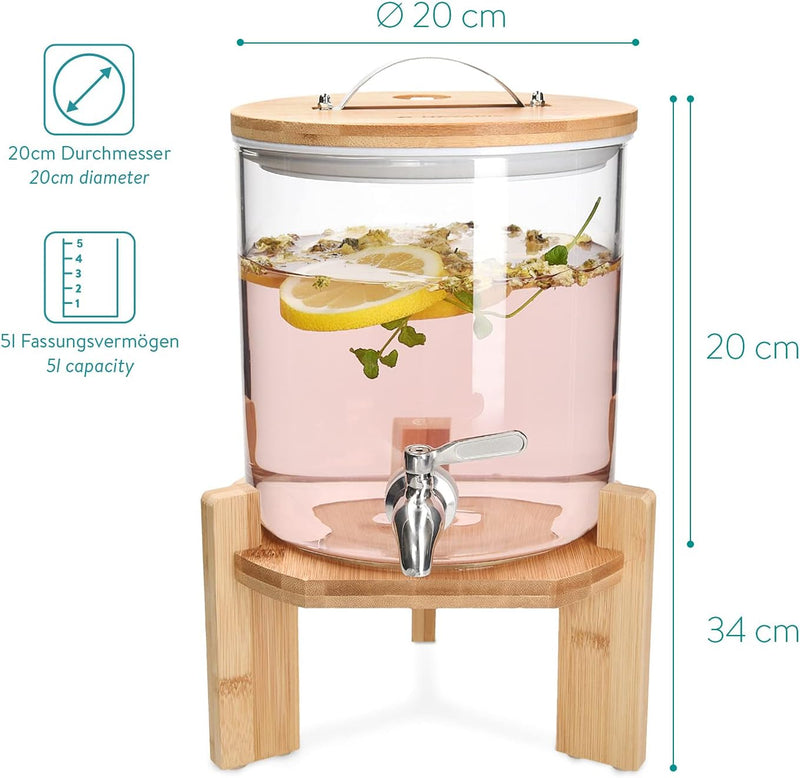 Navaris 5L Getränkespender mit Zapfhahn aus Edelstahl - Glas Wasserspender mit Stand aus Bambus Holz