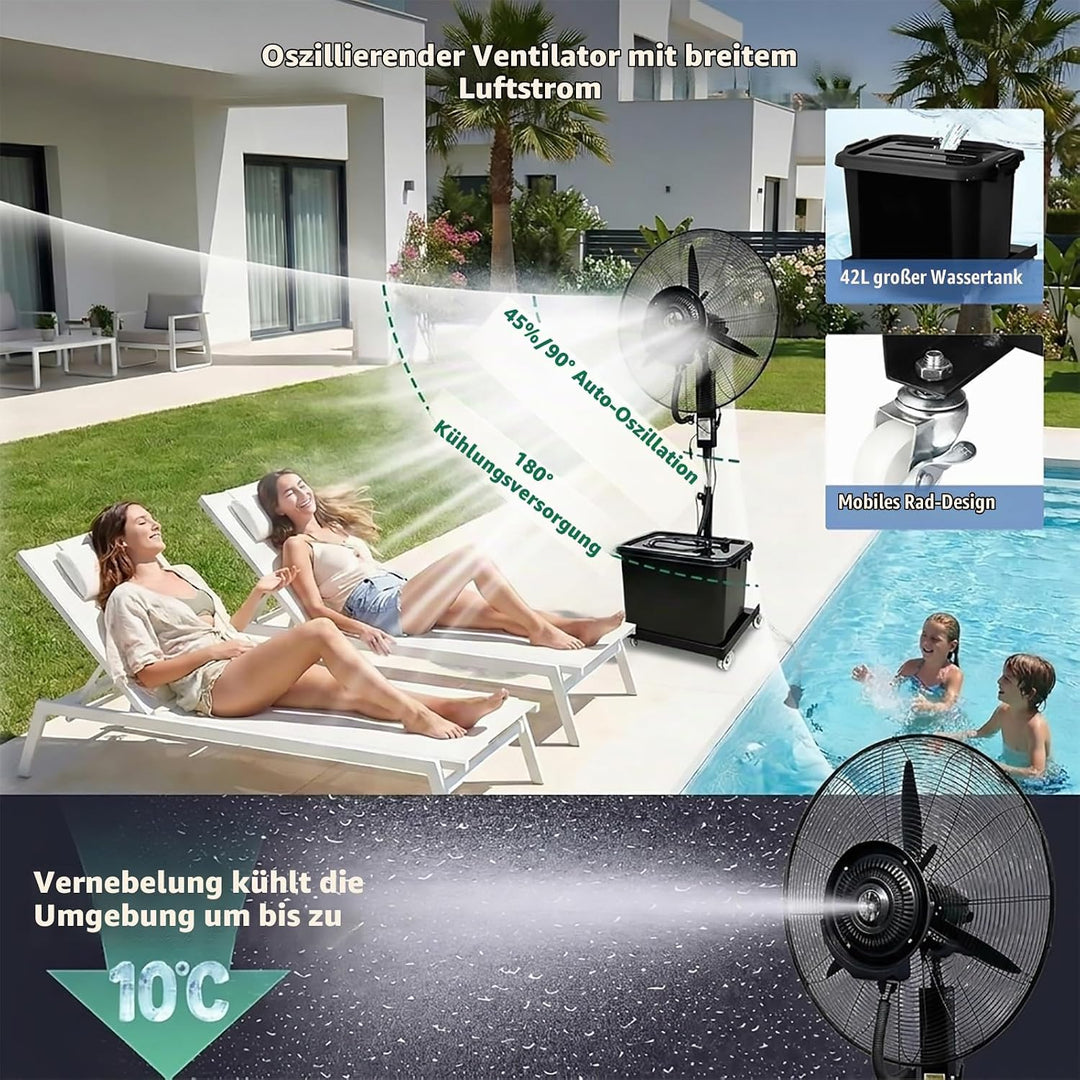 Ventilator für innen und aussen mit Sprühsystem, Nebelventilator Industrie mit 42L Wassertank, 3 Ges