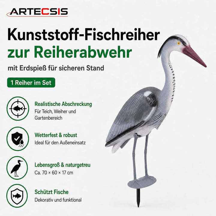 ARTECSIS® 1 x Kunststoff-Fischreiher Attrappe (70 cm) mit Erdspiess aus Kunststoff - Gartenteich Rei