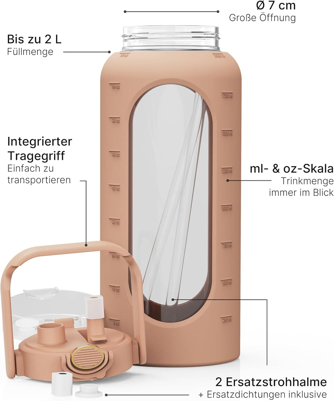 spottle Glasflasche 2 Liter - Trinkflasche 2L Glas mit Strohhalm - Grosse Wasserflasche mit Schutzhü