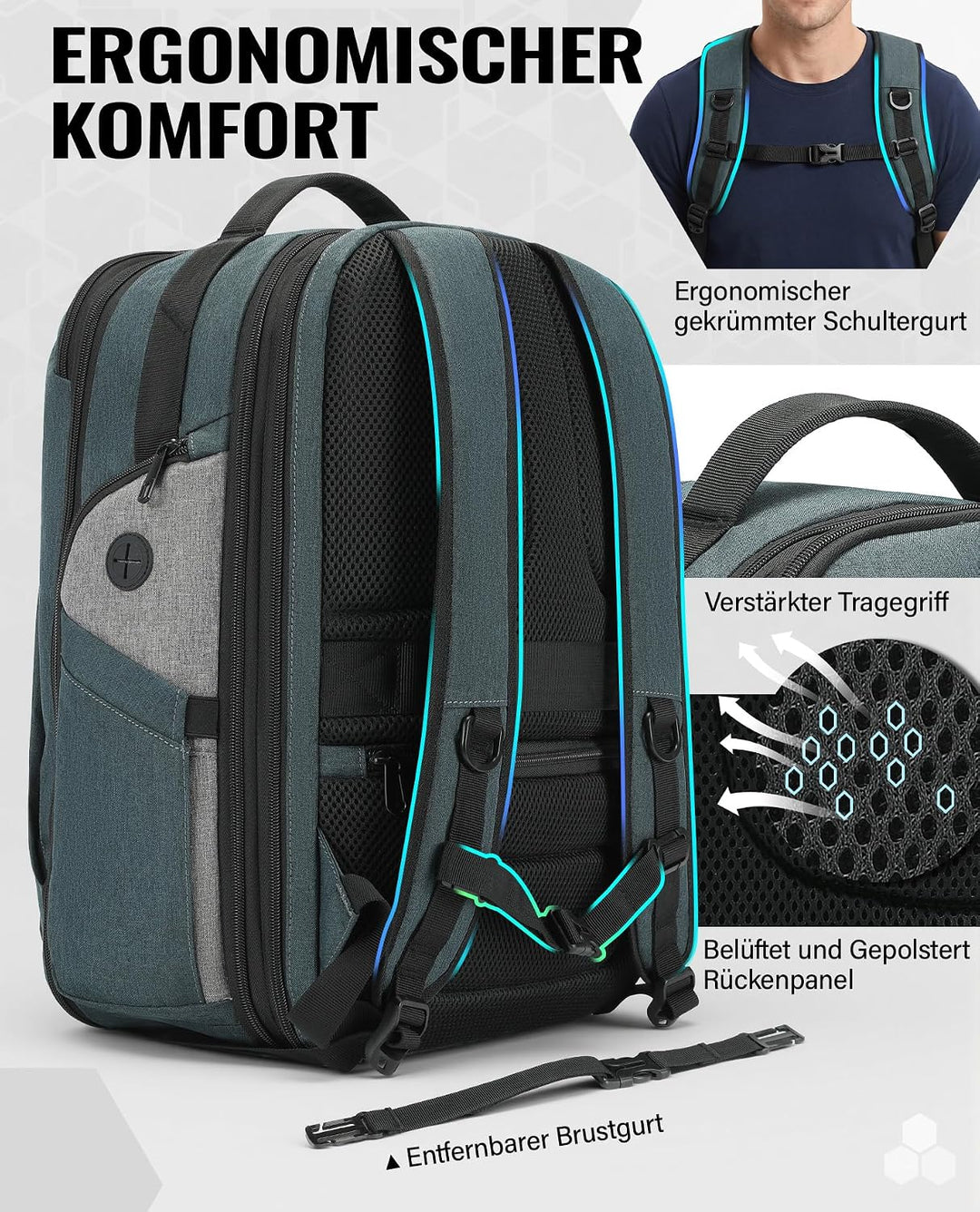 VANKEV Erweiterbarer Reiserucksack Laptoptasche Handgepäck für EasyJet | 30L-38L, grosse Kapazität,