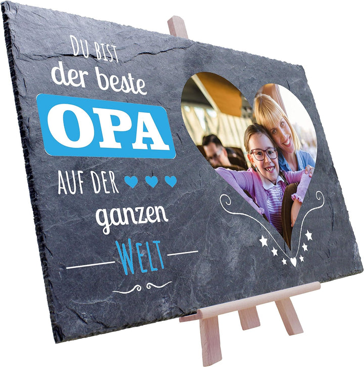 wandmotiv24 Schiefertafel Bester Opa mit Holz-Staffelei, Personalisiert mit Farb-Foto im Herz, Digit