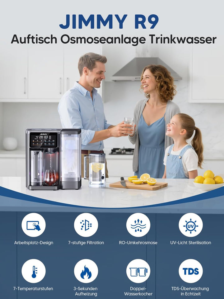 Jimmy R9 Osmoseanlage Trinkwasser Auftisch, Umkehrosmoseanlage Wasserfilter, mit Heisswasserspender,