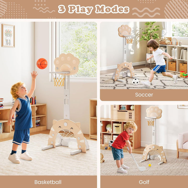 DREAMADE Basketballkorb Kinder, 3-in-1 Basketballständer höhenverstellbar 130-151 cm mit Fussballtor