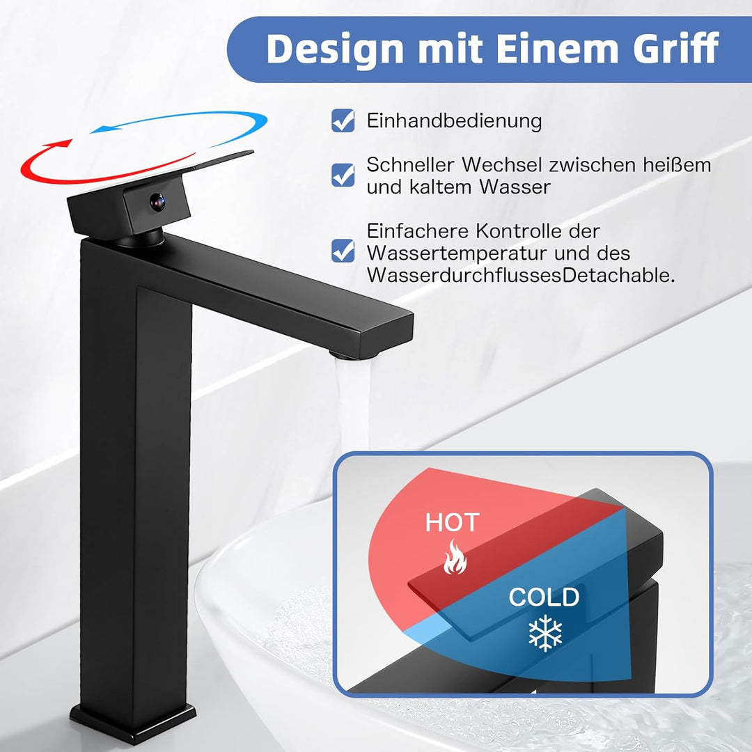 Waschtischarmatur Schwarz Hoch, BOOXELY Waschbeckenarmatur Wasserhahn Bad, Armatur Badezimmer Mischb