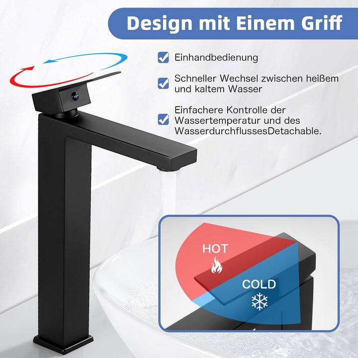 Waschtischarmatur Schwarz Hoch, BOOXELY Waschbeckenarmatur Wasserhahn Bad, Armatur Badezimmer Mischb